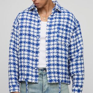 Oversized Boucle Bungee Hem Flannel Shirt Jacket