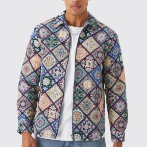 Long Sleeve Zip Through Diamond Tapestry Shirt Jacket