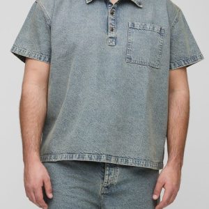 Plus Oversized Washed Denim Short Sleeve Rugby Shirt