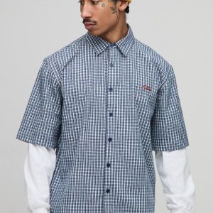 Oversized Man Embroidered Faux Layer Check Shirt