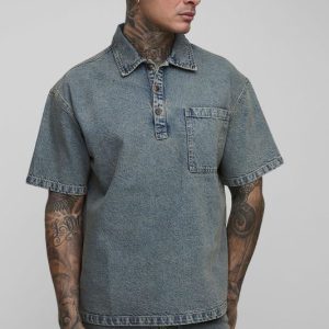 Tall Oversized Washed Denim Short Sleeve Rugby Shirt