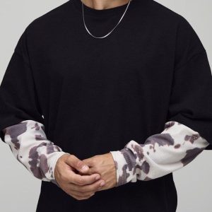 Oversized Boxy Man Embroidered Faux Layer Cow Waffle T-Shirt