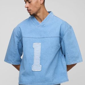 Oversized Boxy Denim V Neck Applique Football Top