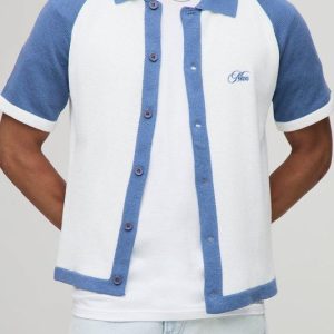 Man Embroidered Boxy Fit Raglan Colour Block Knitted Shirt