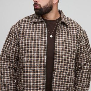 Plus Oversized Boxy Boucle Check Zip Up Overshirt