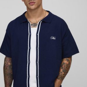 Man Embroided Boxy Fit Border Knitted Shirt