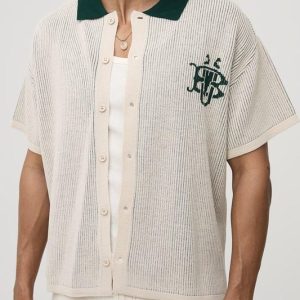 Oversized Boxy Fit Varsity Ribbed Revere Knitted Shirt