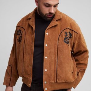 Plus Faux Suede Embroidered Oversized Boxy Fit Western Jacket