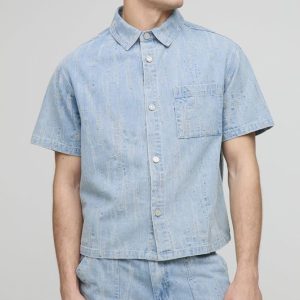 Boxy Collared Distressed Denim Shirt