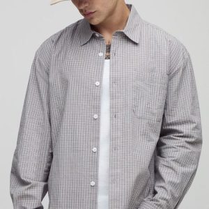 Oversized Boxy Long Sleeve Curved Hem Micro Check Shirt