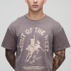 Chocolate Shrunken Boxy Western Raw Hem Washed Graphic T-Shirt
