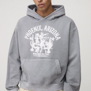 Charcoal Oversized Boxy Phoenix Western Washed Printed Hoodie