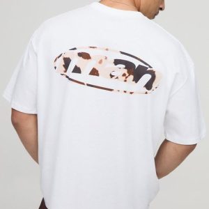 White Oversized Boxy Cow Print Man Oval Graphic T-Shirt
