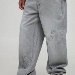 Relaxed Floral Embroidery Denim Jeans