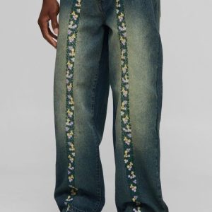 Relaxed Floral Embroidery Denim Jeans with Let Down Hem
