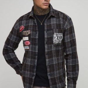 Tall Badge Detail Distressed Acid Wash Checked Shirt