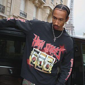 Black Oversized Extended Neck Slot Machine Long Sleeve Printed T-Shirt