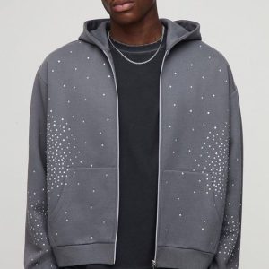 Oversized Boxy Rhinestone Zip Through Hoodie