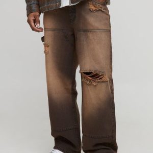 Relaxed Fit Acid Wash Ripped Carpenter Jeans