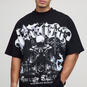 Black Oversized Heavyweight Gothic Print T-Shirt