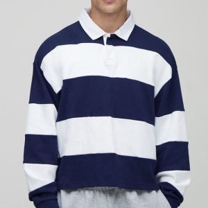 Oversized Shrunken Stripe Interlock Long Sleeve Rugby Polo
