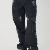 Relaxed Fit Rhinestone Cross Ripped Washed Jeans