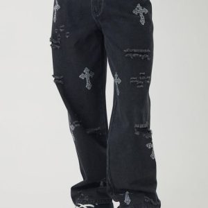 Relaxed Fit Rhinestone Cross Ripped Washed Jeans