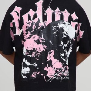 Black Oversized Boxy Heavyweight Skull Print T-Shirt