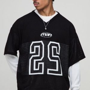 Oversized Faux Sleeve Open Stitch Varsity Hockey Knitted T-Shirt
