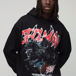 Black Oversized Boxy Ofcl Man Printed Hoodie