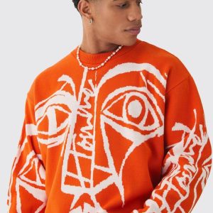 Oversized Boxy Abstract Line Face Knitted Sweater