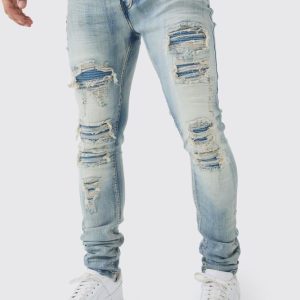 Super Skinny Stretch Washed Biker Rip & Repair Jeans
