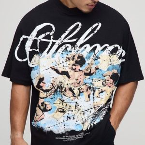 Black Oversized Heavyweight Large Scale Print Cupid T-Shirt