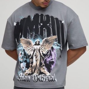 Charcoal Oversized Boxy Heavyweight Angel Printed T-Shirt
