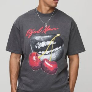 Charcoal Oversized Extended Neck Washed Cherry Lips Graphic T-Shirt