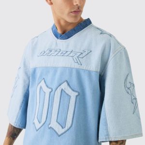 Oversized Embroidery Football Denim T-Shirt