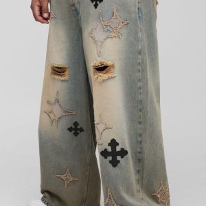 Plus Distressed Applique Tinted Baggy Fit Jeans