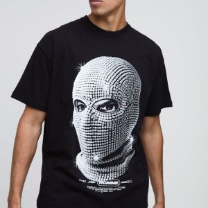 Oversized Rhinestone Mask Print T-Shirt