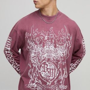 Burgundy Oversized Extended Neck Washed Gothic BM Crest Long Sleeve T-Shirt
