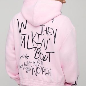 Oversized Boxy Graffiti Graphic Zip Through Hoodie