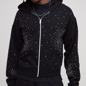 Tall Shrunken Rhinestone Zip Through Hoodie