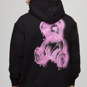 Black Oversized Spray On Teddy Printed Hoodie