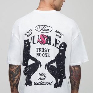 White Oversized Boxy Raw Hem Extended Neck Hustle Graphic T-Shirt