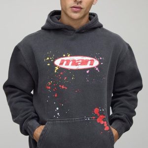 Charcoal Oversized Paint Splatter Washed Hoodie