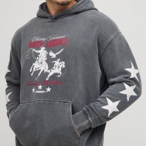 Charcoal Oversized Washed Limited Edition Western Printed Hoodie