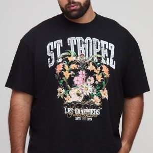 Plus Oversized Extended Neck St. Tropez Floral Print T-Shirt