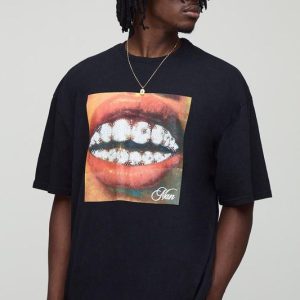 Tall Oversized Acid Wash Rhinestone Teeth Print T-Shirt