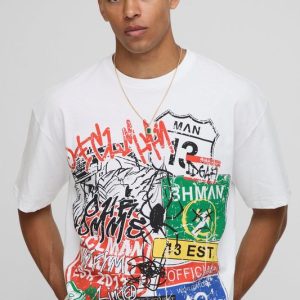 White Oversized Boxy Raw Hem Graffiti Print T-Shirt