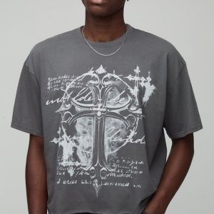 Charcoal Oversized Shrunken Boxy Washed Cross Graphic T-Shirt