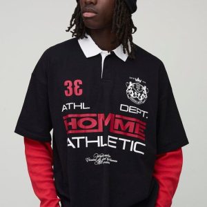 Oversized Homme Graphic Waffle Sleeve Faux Layer Polo